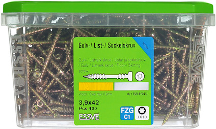 Förpackning med 400 golv-/list-/sockelskruvar, 3,9x42 mm, FZG C1. Grön lock. Art. 554642.