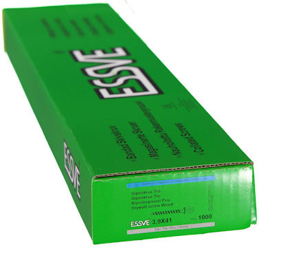 Grön förpackning med text "ESSVE Gipsskruv Trä 3,9x41" och övrig information, 1000 st.