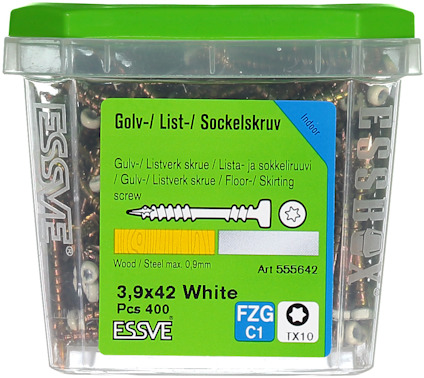 Förpackning med golv-, list- och sockelskruv, 3,9x42 mm, vit, 400 st, ESSVE, art 555642.