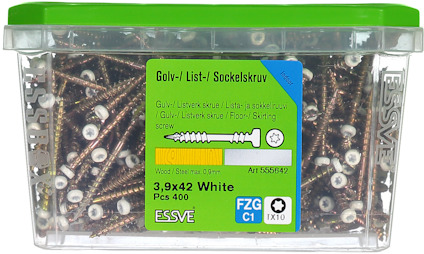 Plastlåda med 400 vita golv-/listskruvar, storlek 3,9x42 mm, från Essve.
