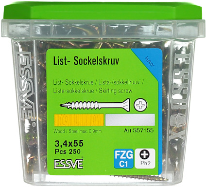Plastlåda med grönt lock innehållande 250 stesskruv med etikett: "List- Sockelskruv, 3,4x55 mm, Art 557155".