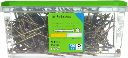 Plastlåda med skruvar från varumärket ESSVE, etikett visar dimensionerna 3,4 x 55 mm, antal 250.