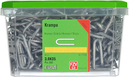 Plastlåda med 260 st U-formade krampar, 3,0x35 mm, märkt ESSVE.