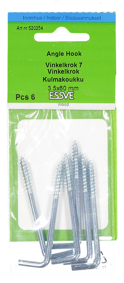 Förpackning med 6 vinklade krokar, 3.5x60 mm, märkt ESSVE för träanvändning.