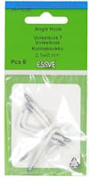 Förpackning med sex vinkelkrokar, 2.7x40 mm, från Essve. Text på svenska, engelska och finska. Inomhusbruk.