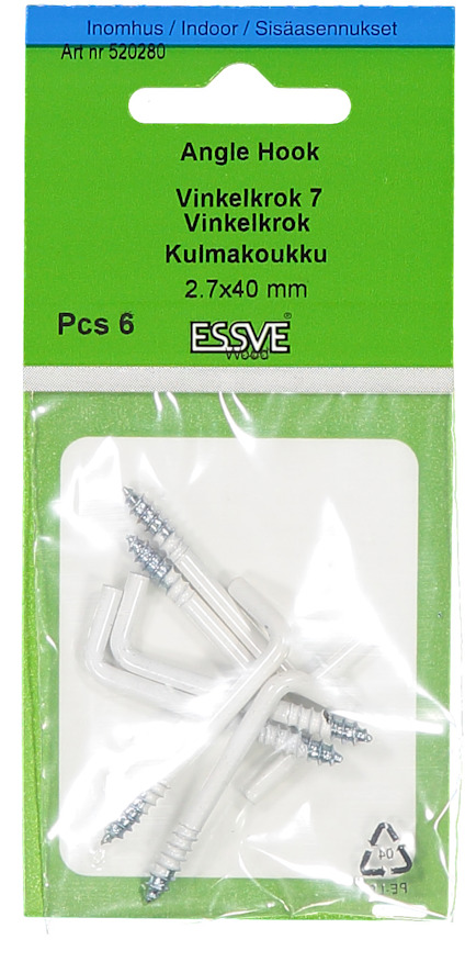 Förpackning med sex vinkelkrokar, 2.7x40 mm, från Essve. Text på svenska, engelska och finska. Inomhusbruk.