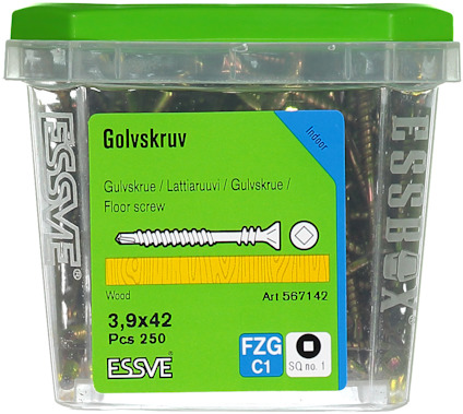 Plastförpackning med 250 golvskruv, dimension 3,9x42 mm, varumärke ESSVE.