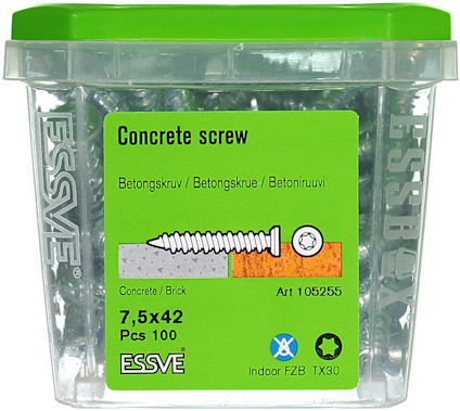 Förpackning med 100 betongskruvar, 7,5x42 mm. Text: "Concrete screw", ESSVE, Art 105255. Grön lock.