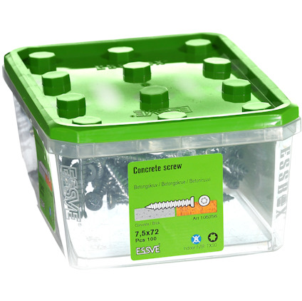 Plastlåda med grönt lock innehållande 100 betongskruvar, Essve 7,5x72 mm.