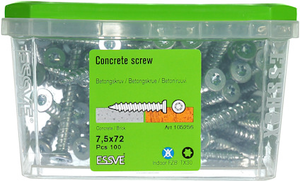Plastlåda med betongskruvar från ESSVE, grönt lock, etikett med text på flera språk och dimension 7,5x72 mm, 100 st.