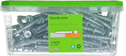 Plastlåda med 100 betongskruvar, storlek 7,5x72 mm, märke Essve. Grönt lock med etikett på framsidan.
