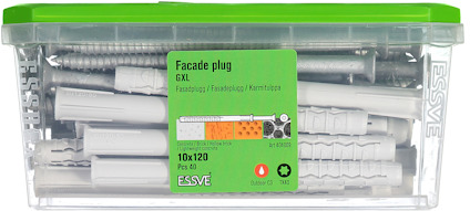 Förpackning med fasadplugg och skruvar, Esve 10x120 mm, 40 delar, med grön lock.