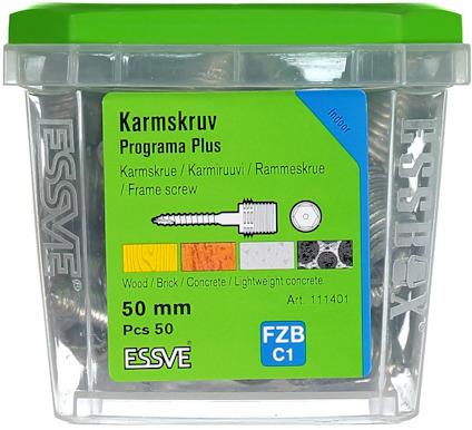 Förpackning med ESSVE karmsskruv Programa Plus 50 mm, 50 stycken.