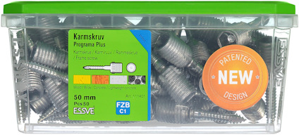 Plastförpackning med karmskruv från ESSVE, 50 mm, 50 st. Grön lock med orange etikett "NEW".