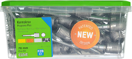 Förpackning med karmskruvar, Program Plus, 70 mm, 50 st, märkta med "NEW" och "Patented Design".