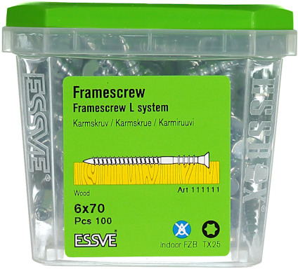 ESSVE förpackning med 100 karmskruvar 6x70 mm. Grön etikett med illustrationsbild och text på flera språk.