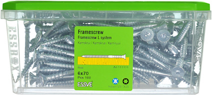Grön plastlåda med skruvar, märkt "Framescrew L system 6x70 PCS 100".
