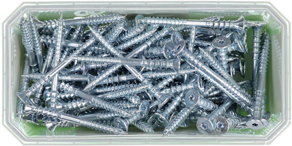 Skruvar i en rektangulär plastbehållare.