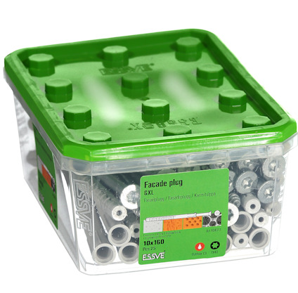 Grön förpackning med fasadpluggar, märkt "Facade plug 10x160" och "ESSVE".