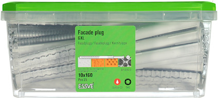 Plastlåda med fasadpluggar av märket ESSVE, grön lock, etikett med text: Facade plug 6XL, 10x160, 25 st. Outdoor C3.