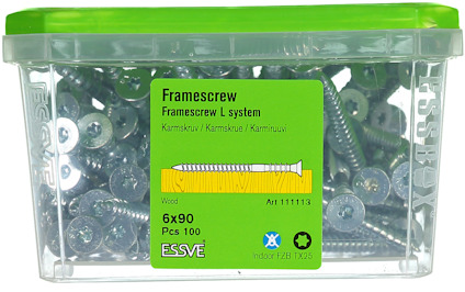 Transparent låda med grönt lock innehållande 100 st 6x90 mm ramen skruvar från ESSVE.