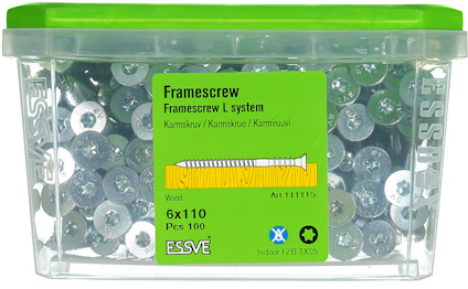 Transparent låda med grönt lock innehållande Essve karmfästen, 6x110 mm, 100 st.