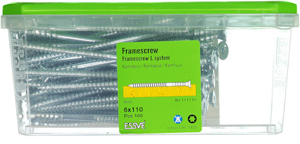 Plastlåda med grönt lock innehållande essve skruv 6x110 mm, 100 st.