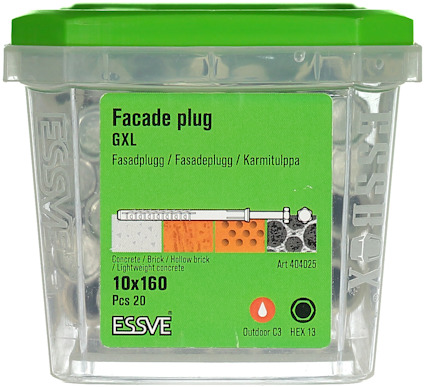 Grön och transparent plastförpackning med etiketten "Facade plug GXL, 10x160, pcs 20, Outdoor C3, Art 404025, HEX 13".