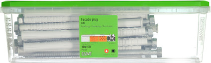 Transparent plastlåda med fasadpluggar och grön lock. Texten inkluderar "Facade plug" och dimensioner "10 x 180".