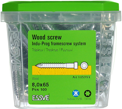 Förpackning med ESSVE träskruvar 8,0x65 mm, 100 st, med grön lock.