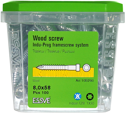 Plastförpackning med etikett: "Wood screw Indu-Prog framescrew system, 8,0x58, 100 st, ESSVE, Art 105290, Indoor FZB TX30".