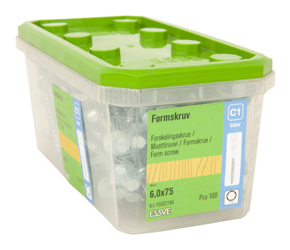 Plastlåda med grön lock innehållande 100 stycken 6,0x75 mm formskruvar från ESSVE.