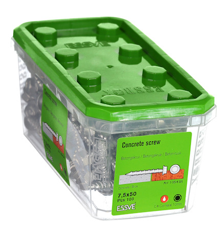 Plastlåda med grönt lock innehållande betongskruvar 7,5x50 mm, 100 st, märkt ESSVE.