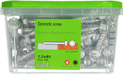 Plastlåda med betongskruvar, märkning: ESSVE, 7,5x80 mm, 100 st.
