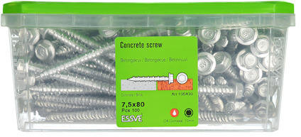 Plastlåda med betongskruvar, etikett med text "Concrete screw", storlek 7,5x80, PFS 100.