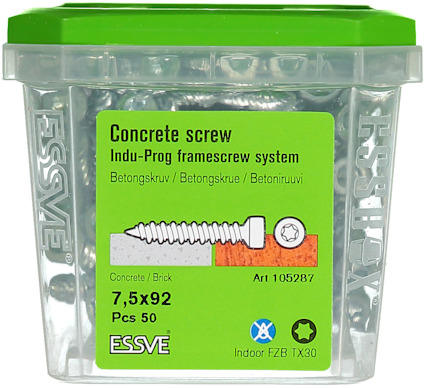 Plastburk med betongskruvar, märkt "ESSVE". Storlek: 7,5x92 mm, antal: 50 st.