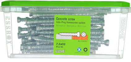 Essbox med betongskruvar, Indu-Prog framescrew, 7.5x92 mm, 50 st. Grön lock. Artikelnummer 105287.