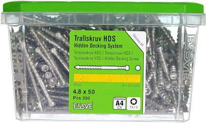 Plastlåda med 250 st trallskruvar, 4,8 x 50 mm, för trädäck. Märke: ESSVE.