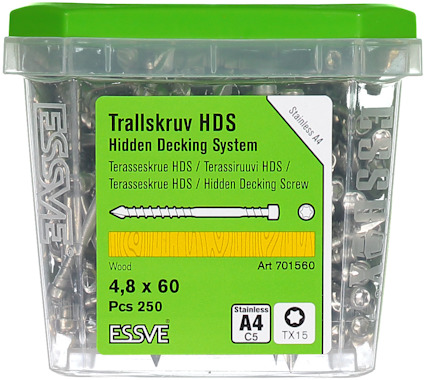 Essve behållare med trallskruvar HDS, 4,8 x 60 mm, rostfritt stål A4, 250 st.