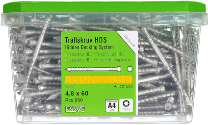 Plastförpackning med 250 trallskruvar från ESSVE, storlek 4,8 x 60 mm, märkta för Hidden Decking System. Art.nr 701660.