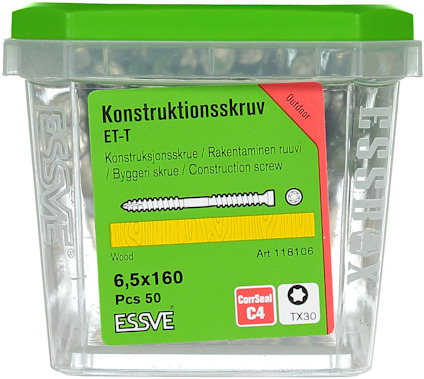 Förpackning med 50 ESSVE konstruktionsskruvar 6,5x160 mm, art.nr 118106.
