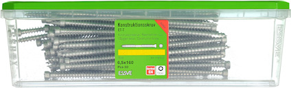 Förpackning med konstruktionsskruv, 6,5x160, 50 st. Grön och transparent låda med produktetikett.