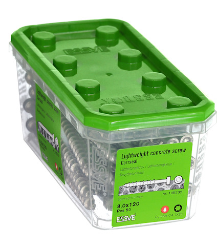 Plastlåda med lätta betongskruvar, 8,0x120 mm, 50 stycken, från Essve.