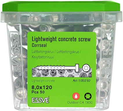 Plastlåda med 50 st lätta betongskruvar, 8,0x120 mm, varumärke ESSVE, grön etikett med produktinformation.