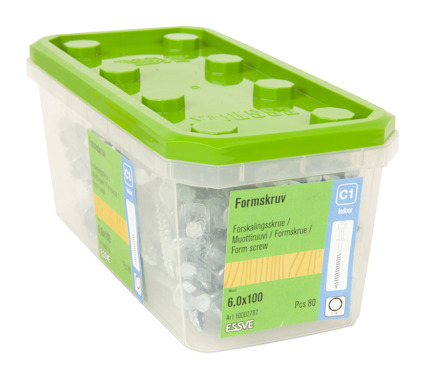Plastlåda med grönt lock innehållande 80 st essve formskruvar, dimension 6,0x100.