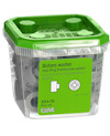 Genomskinlig plastburk med grönt lock innehållande distansbrickor, märkning "Essve 20 x 10 PCS 50, Art. 1111120".