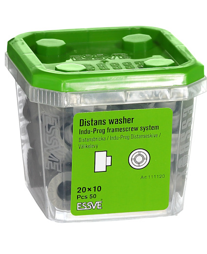 Genomskinlig plastburk med grönt lock innehållande distansbrickor, märkning "Essve 20 x 10 PCS 50, Art. 1111120".