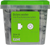 Plastförpackning med grönt lock innehållande 50 distansbrickor, Indu-Prog framescrew system, från ESSVE. Art 111120.