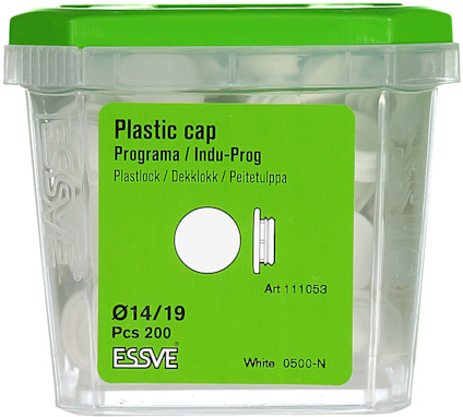 Transparent plastlåda med grönt lock innehållande vita plastlock, märkning: "Plastic cap Ø14/19 Pcs 200 White".
