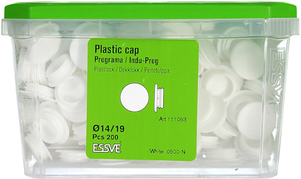 Plastlåda med vita plastkapsyler, etiketttext: "Plastic cap Ø14/19 PCS 200 White 0500-N Art 111063".
